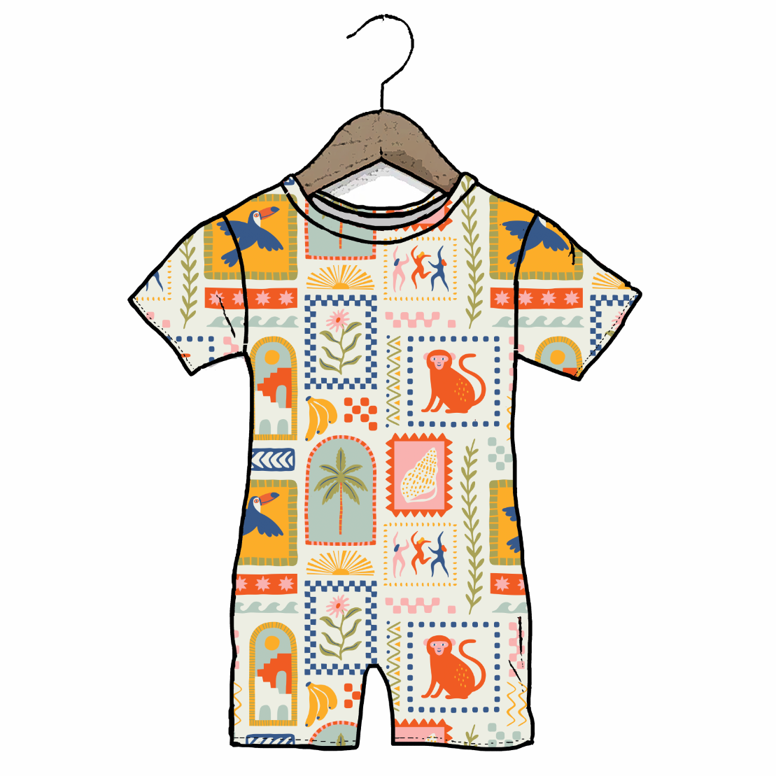 Children's romper with colorful pattern on a hanger against a white background