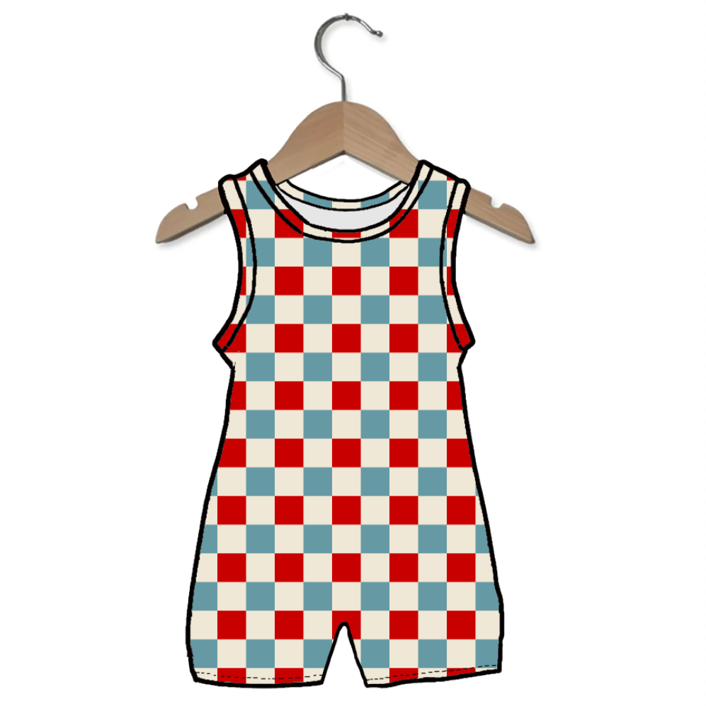 Checkered romper on a wooden hanger against a white background