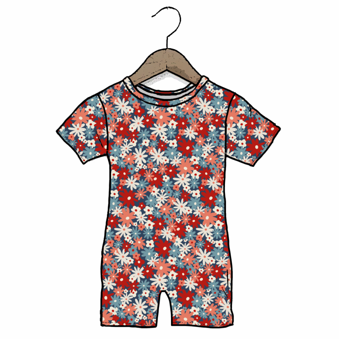 Floral-patterned baby romper on a hanger against a white background