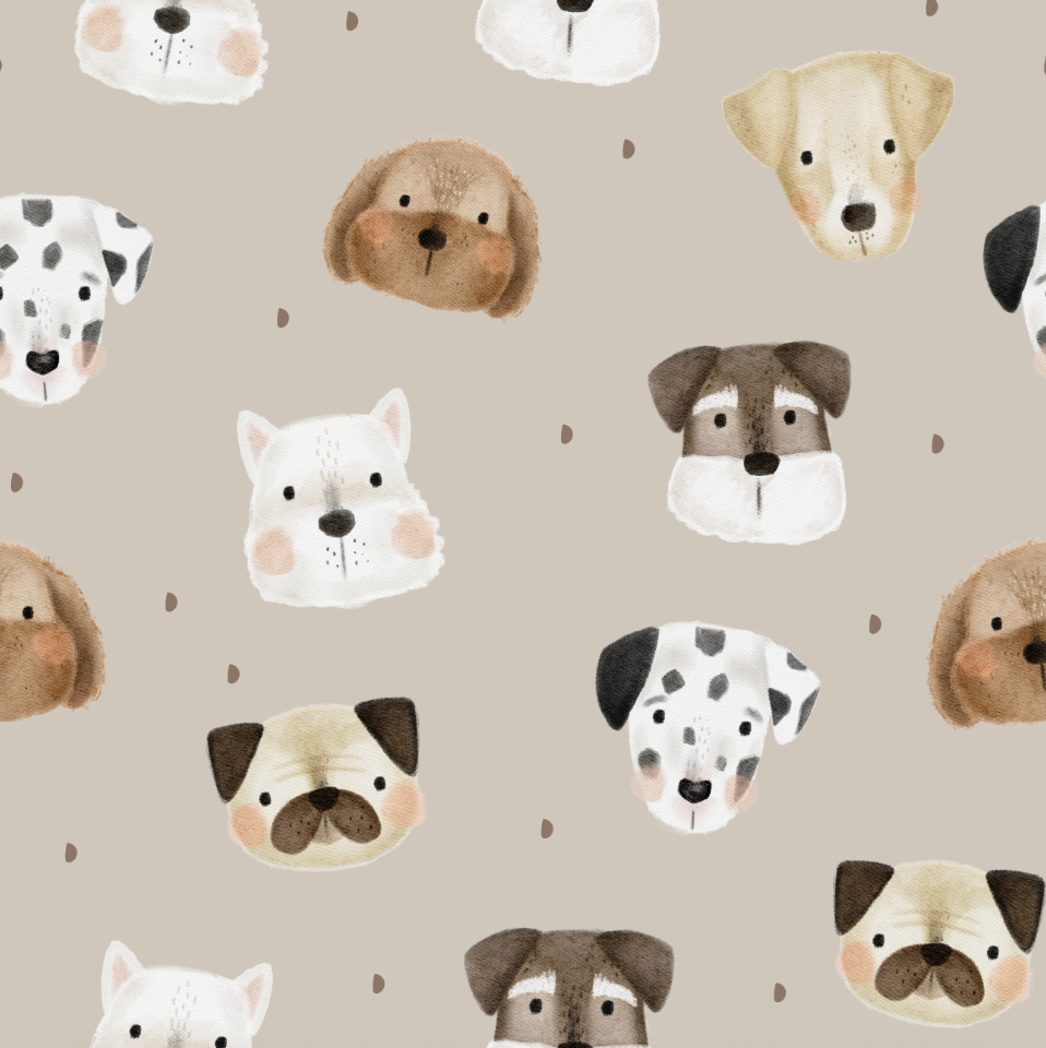 Pattern of various dog faces on a beige background