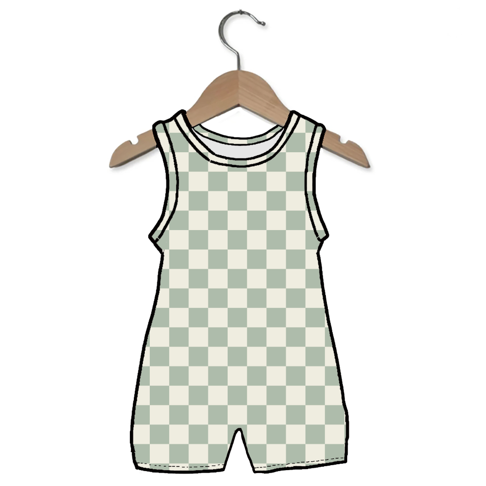 Checkered romper on a wooden hanger against a white background