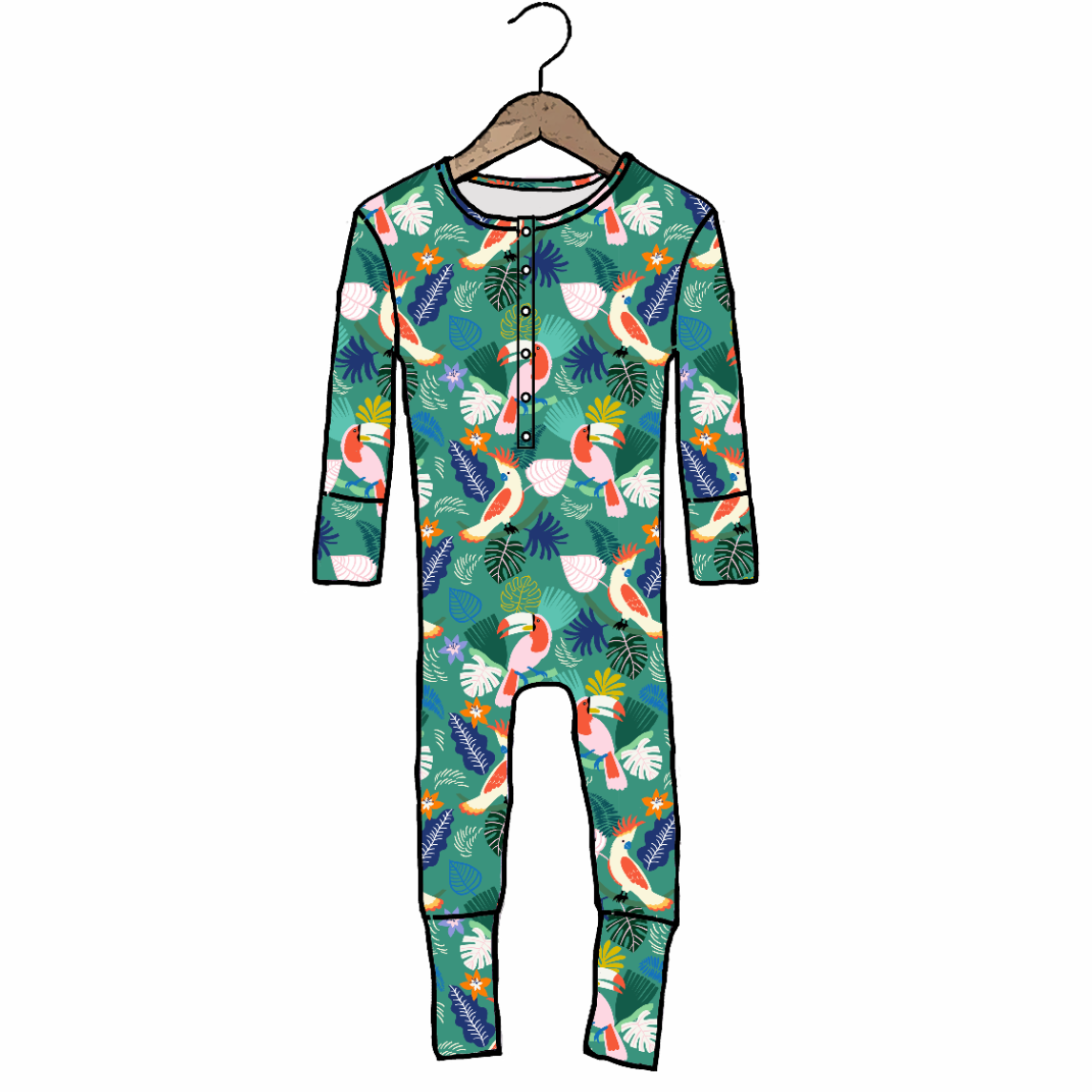Children's onesie with tropical pattern on a hanger against a white background