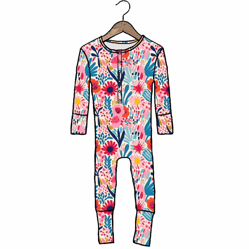 Floral-patterned onesie on a hanger against a white background