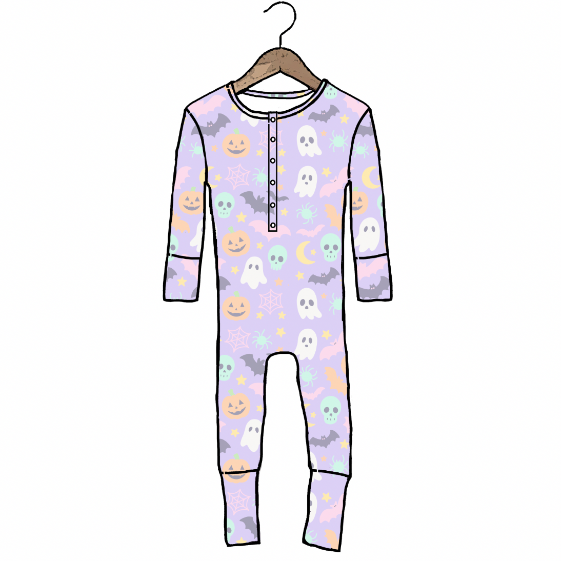 A baby long-sleeve footless pajama top with a light purple background and a Halloween print of ghosts, bats, skulls, and pumpkins, hanging on a wooden hanger against a white background.