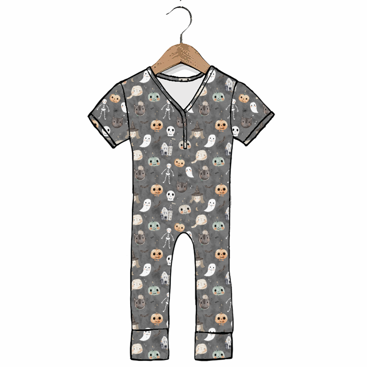 A baby short-sleeve one-piece romper with an all-over Halloween print of ghosts, skulls, and skeletons on a gray background, hanging on a wooden hanger against a white background.
