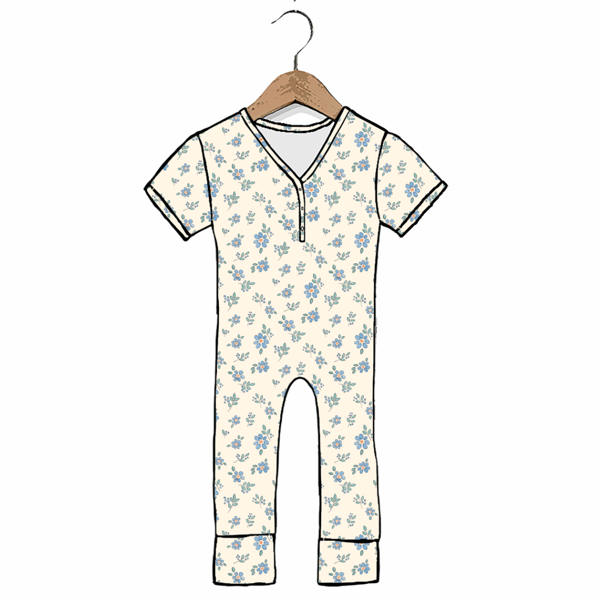 A baby short-sleeve one-piece romper with a blue floral print on a cream background, shown hanging on a wooden hanger against a plain white background.