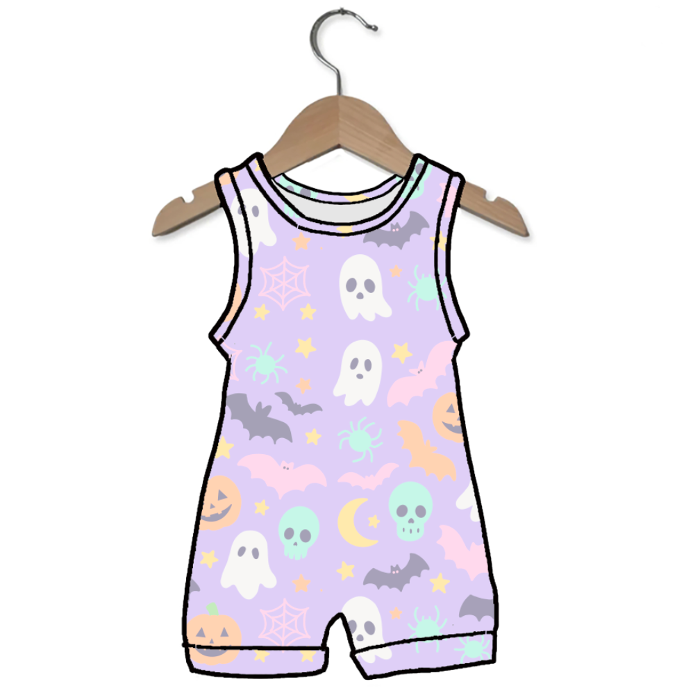 A sleeveless baby romper with a light purple Halloween pattern featuring ghosts, bats, skulls, and pumpkins, shown on a wooden hanger against a white background.