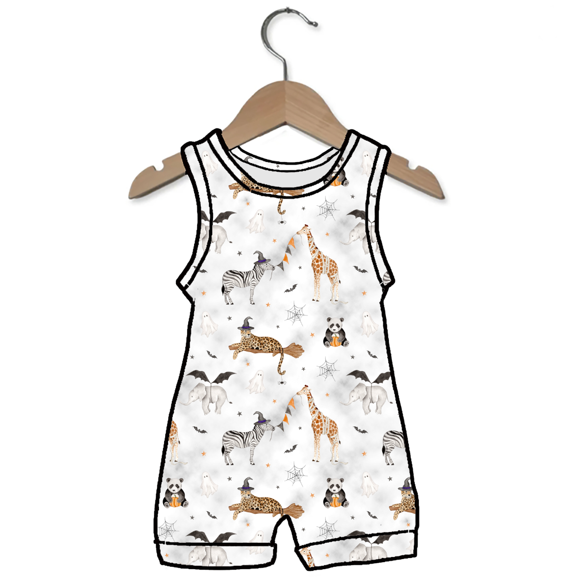 A sleeveless baby romper with an all-over safari animal print, hanging on a wooden hanger against a plain white background.