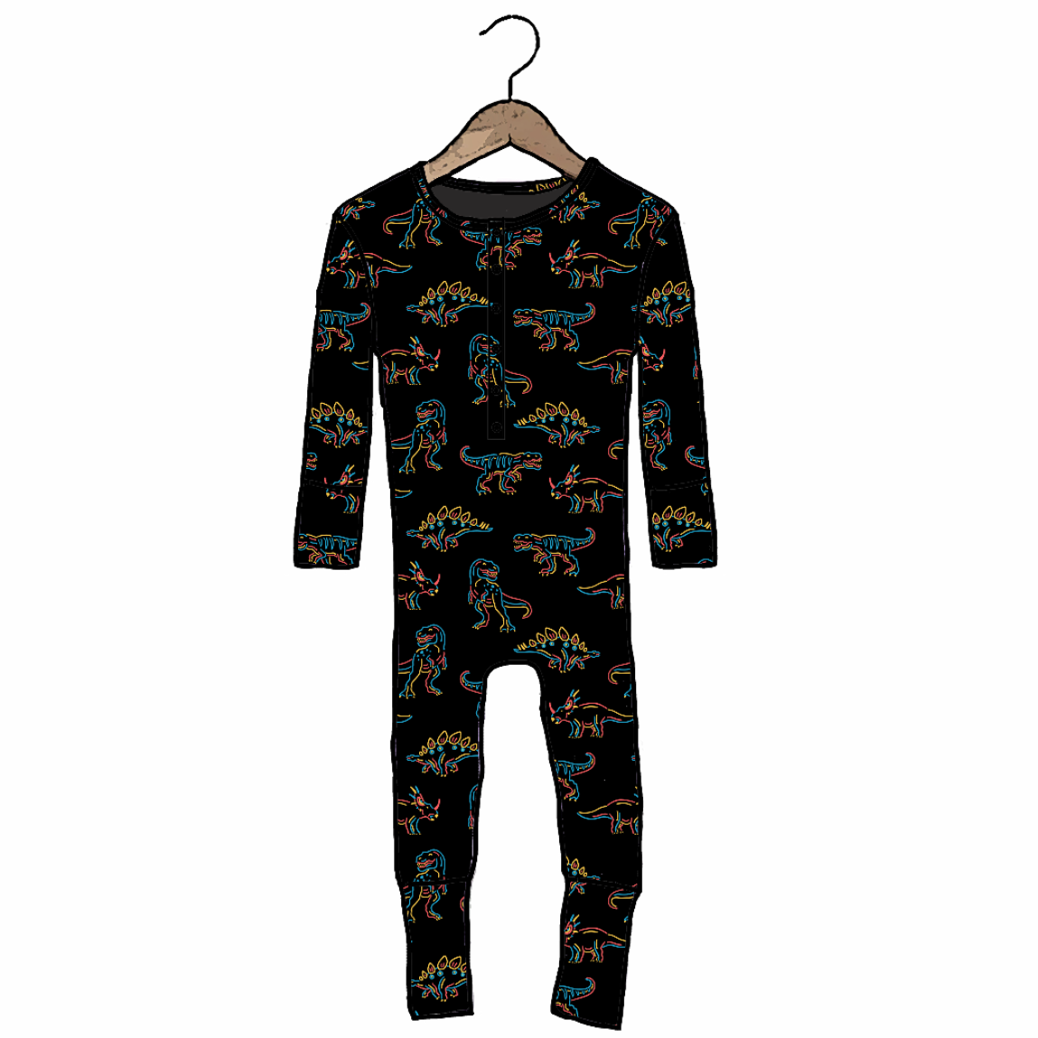 A baby long-sleeve footless one-piece jumpsuit in black, featuring an all-over colorful dinosaur print, hanging on a wooden hanger against a plain white background.