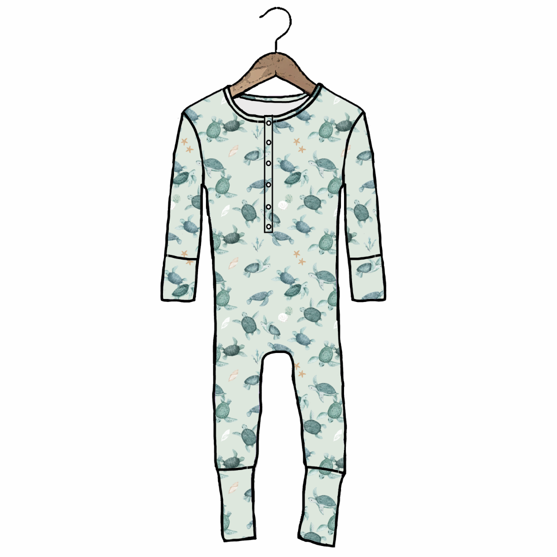 A long-sleeve baby romper with a turtle print, hanging on a wooden hanger against a plain white background.
