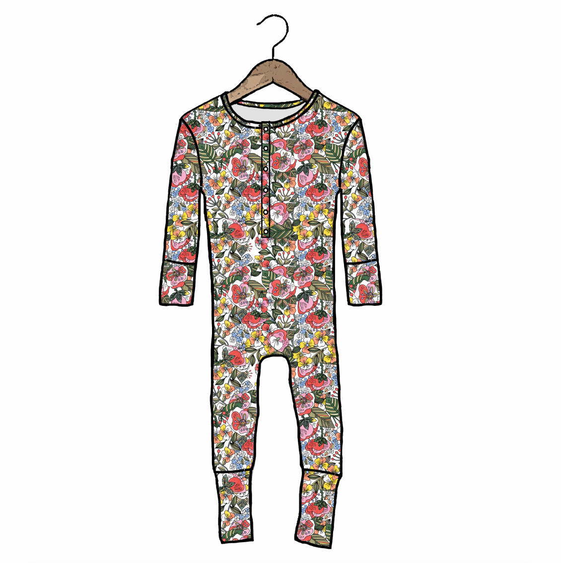 A long-sleeve one-piece baby jumpsuit with a colorful floral print, shown hanging on a wooden hanger against a plain white background.
