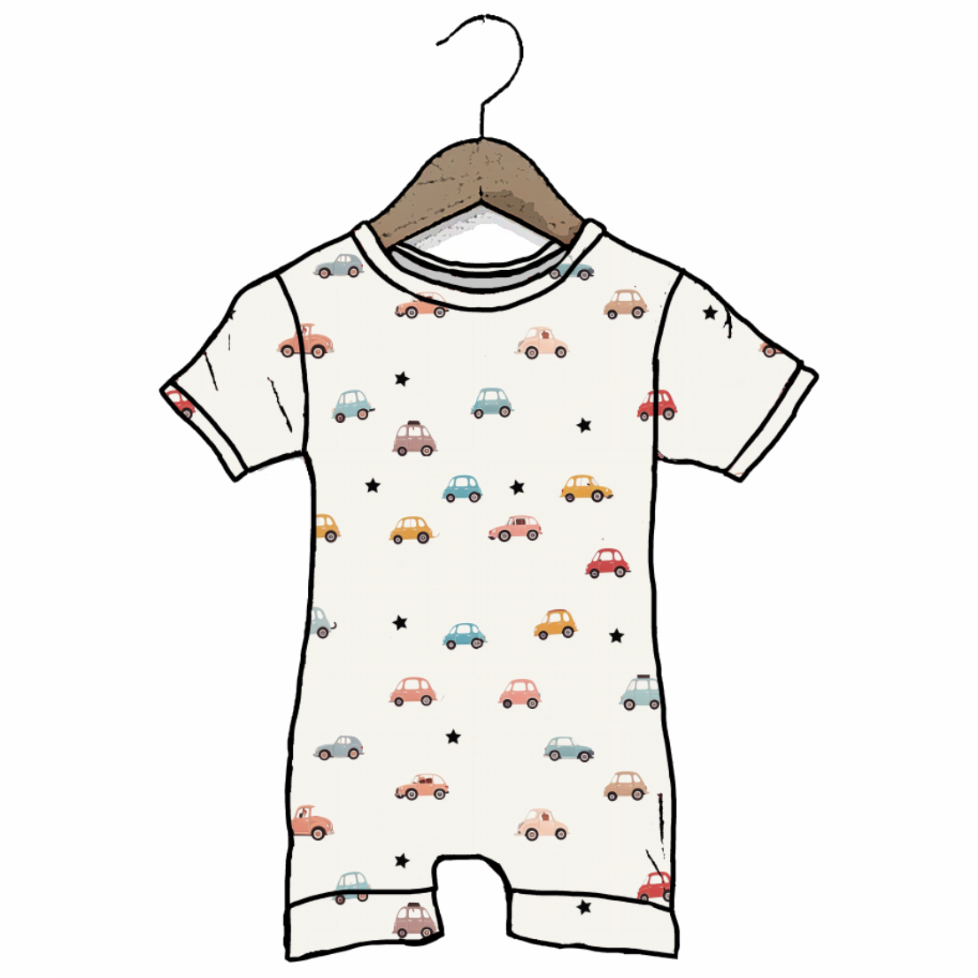 A baby short-sleeve romper with an all-over pattern of colorful cartoon cars on an off-white background, shown hanging on a wooden hanger against a black background.