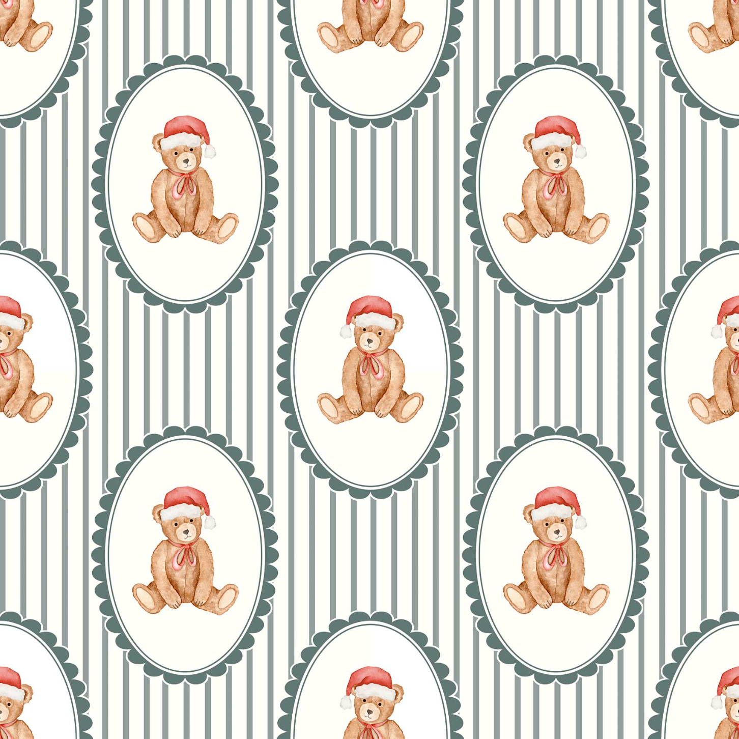 A repeating Christmas-themed pattern featuring teddy bears wearing Santa hats inside scalloped oval frames, set against a background of vertical muted green and white stripes.