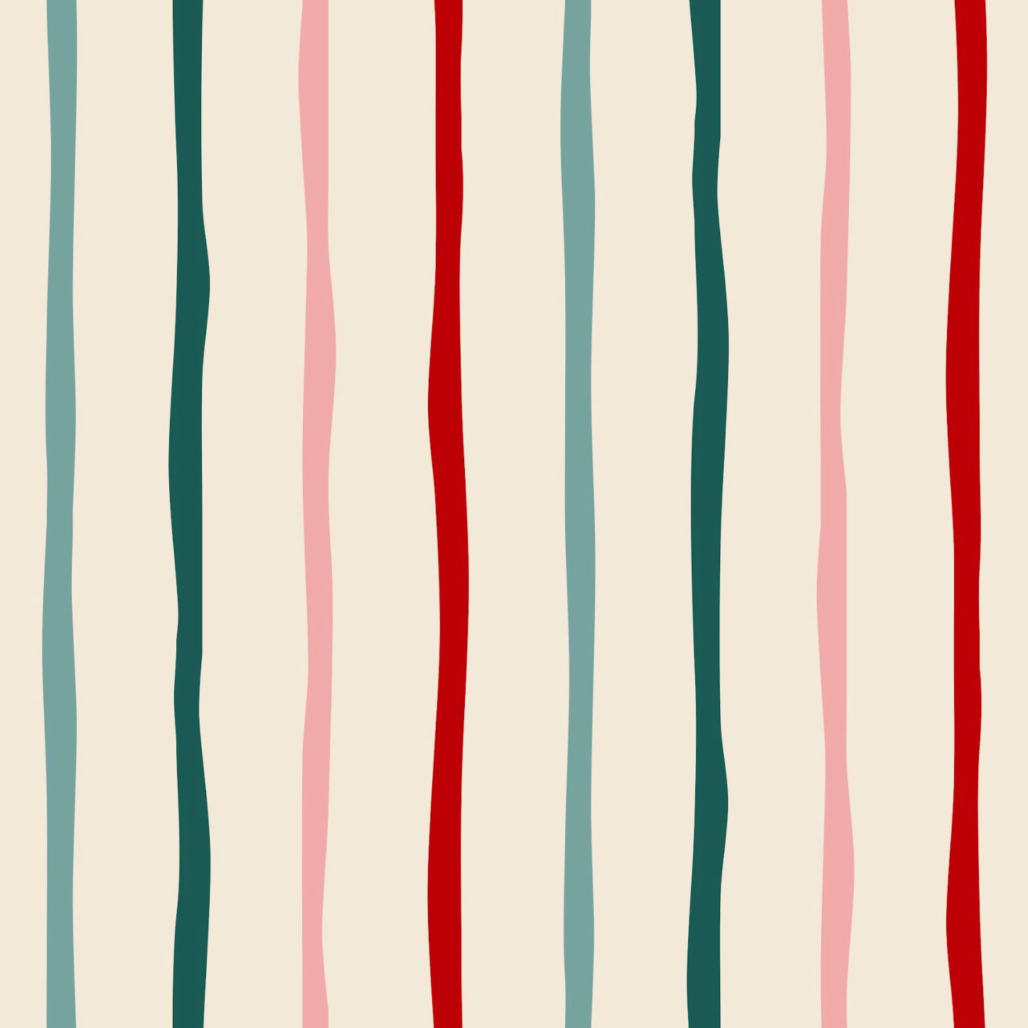 A repeating vertical stripe pattern on a warm cream background, featuring wavy lines in muted teal, dark teal, light pink, and deep red.