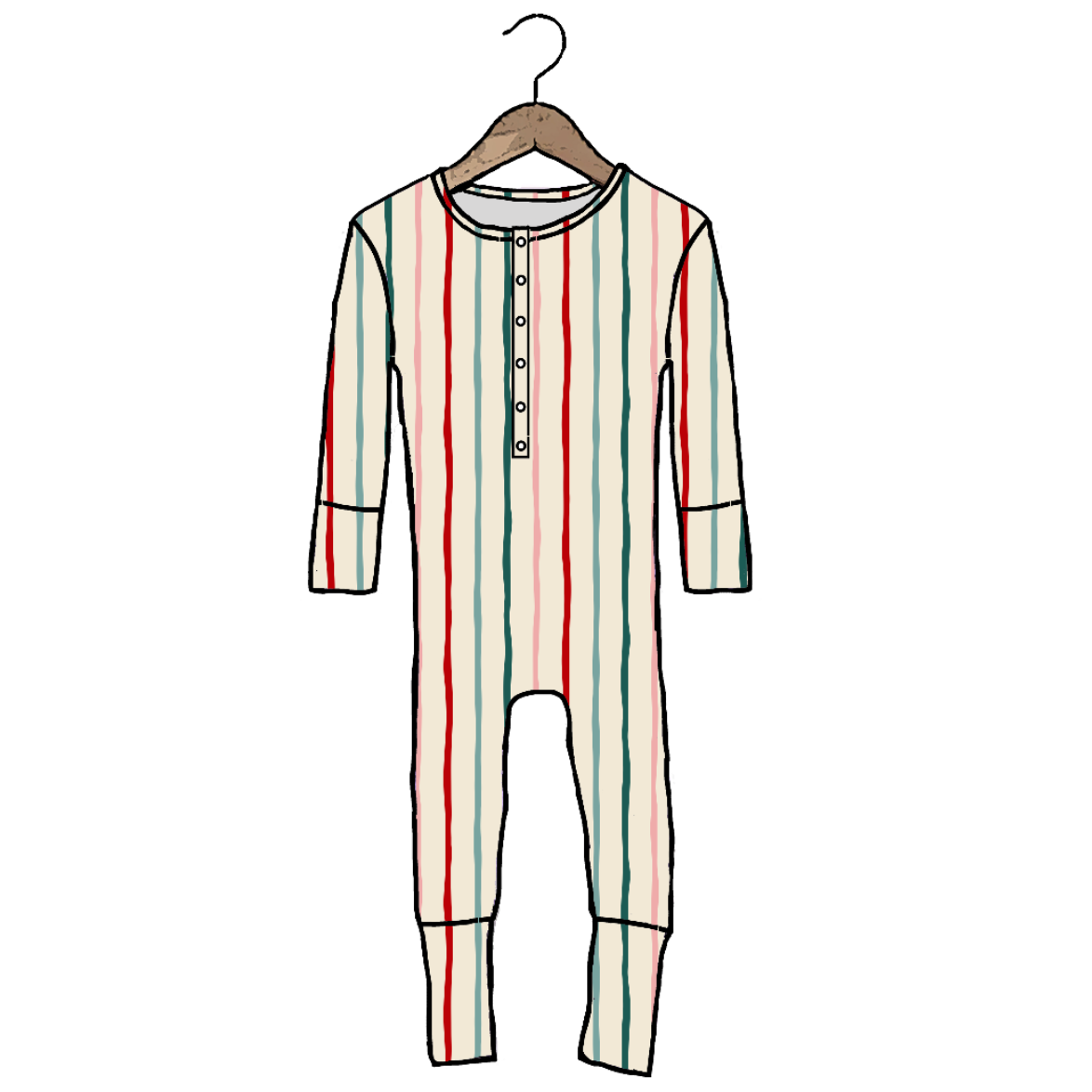 A long-sleeve footless baby romper with vertical red, green, and cream stripes, shown hanging on a wooden hanger against a plain white background.