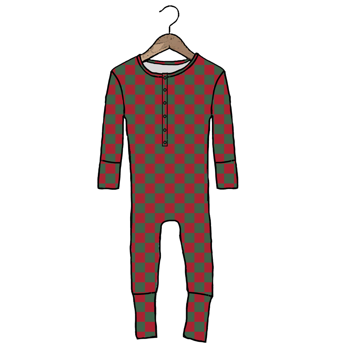 A children's long-sleeve one-piece pajama with a red and green checkered pattern, featuring a short button placket at the neck, shown hanging on a wooden hanger against a plain white background.