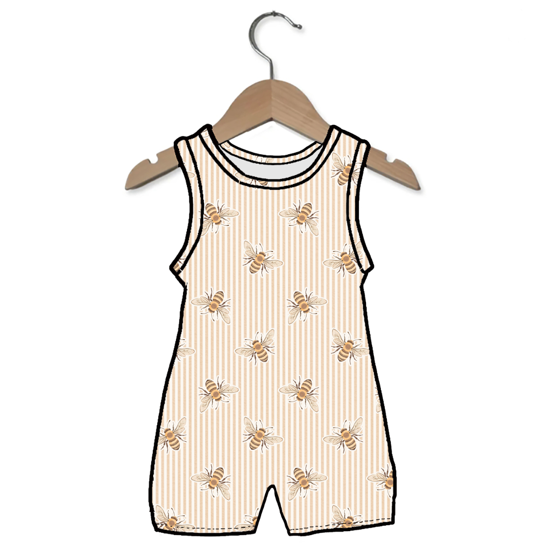 A sleeveless baby romper with a repeating bee print on a beige and white striped background, hanging on a wooden hanger against a plain white background.