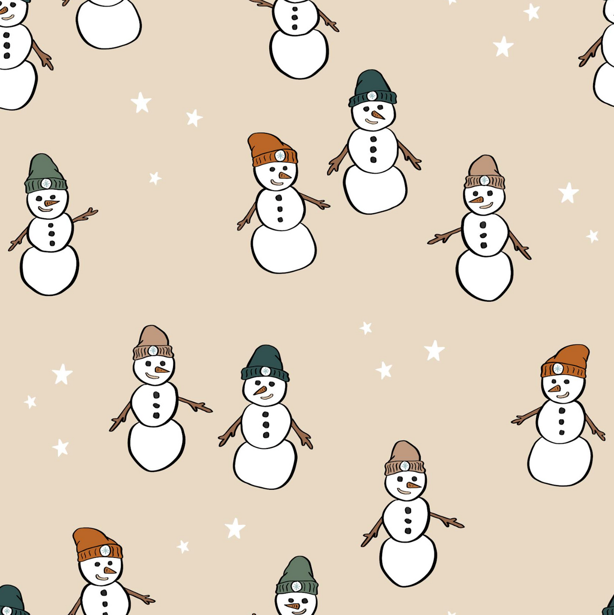 A repeating pattern of hand-drawn snowmen wearing green, brown, and dark green hats, set against a solid beige background with small white stars.