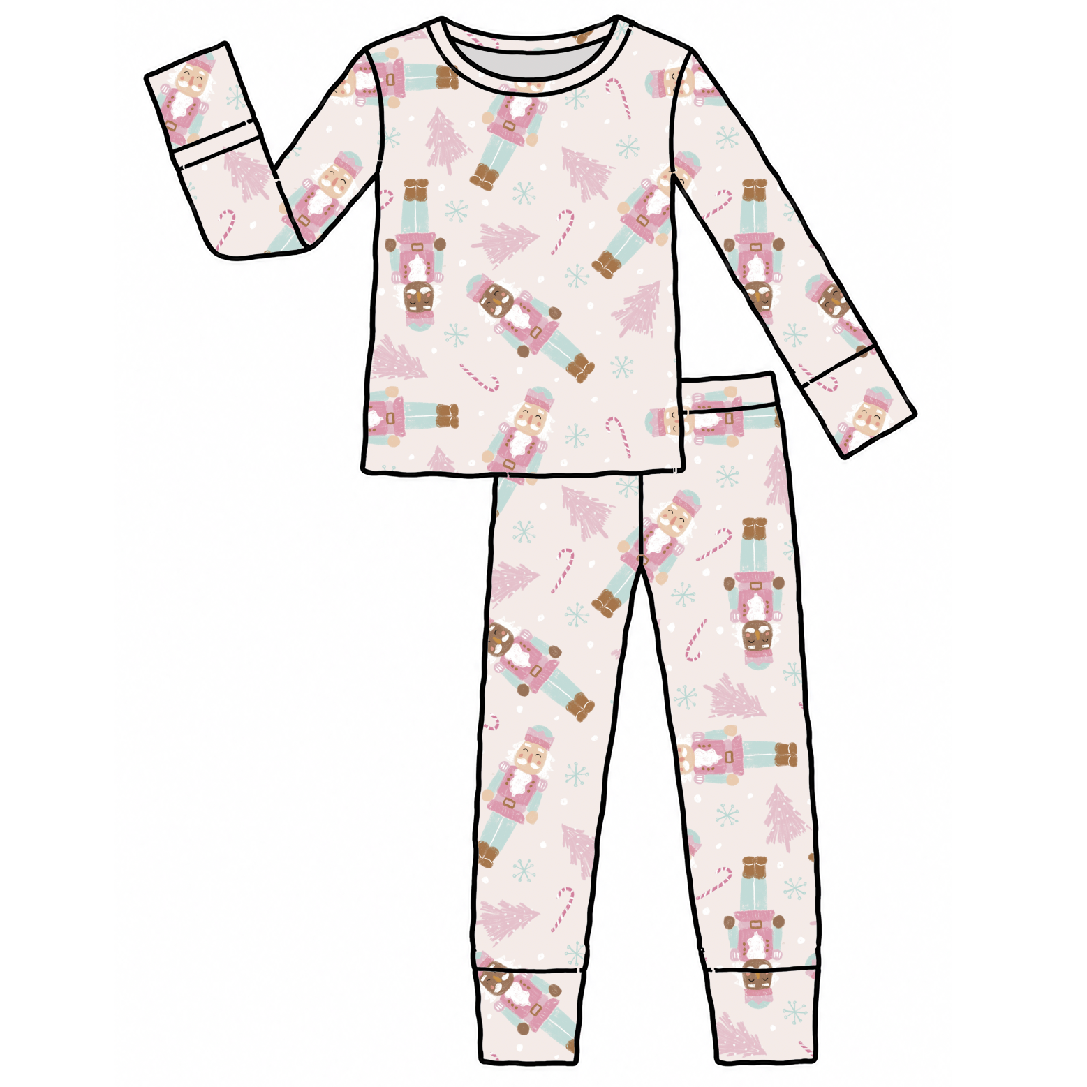 A flat vector illustration of a two-piece pajama set featuring a long-sleeve top and matching pants with an all-over Christmas nutcracker pattern on a white background.