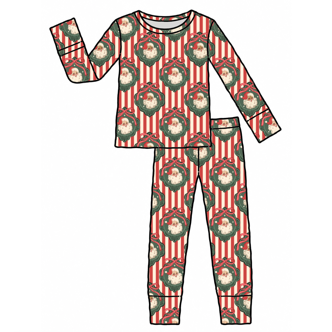 A two-piece long-sleeve pajama set with a festive Christmas print, featuring red and white vertical stripes with green wreaths containing Santa Claus illustrations, shown on a plain white background.