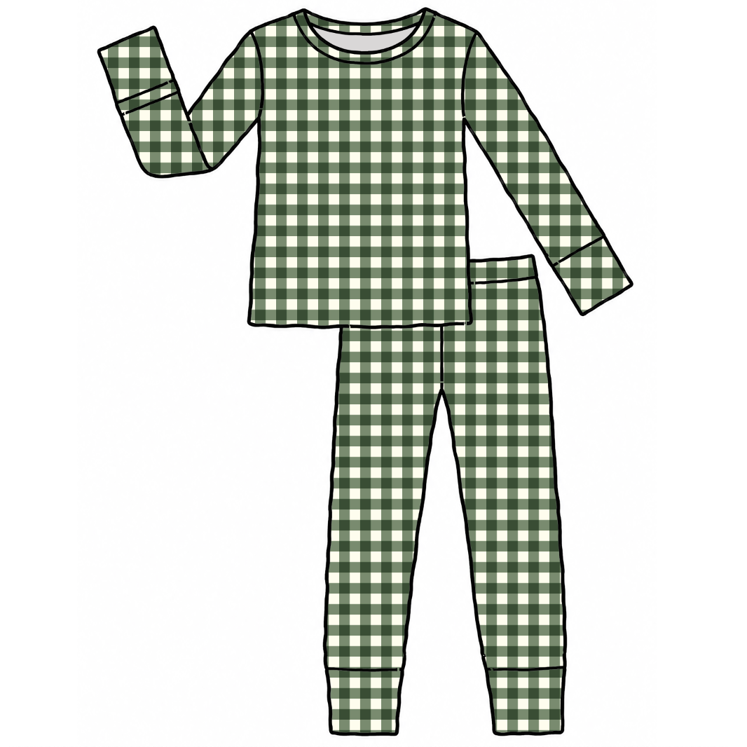 A two-piece pajama set shown as a flat vector illustration on a plain white background. The set includes a long-sleeve top and matching pants in a green and white gingham checkered pattern.