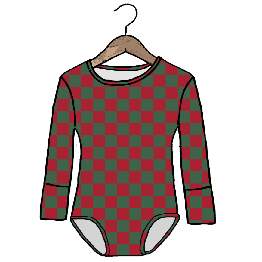 A long-sleeve baby bodysuit with a red and dark green checkered pattern, hanging on a wooden hanger against a plain white background.