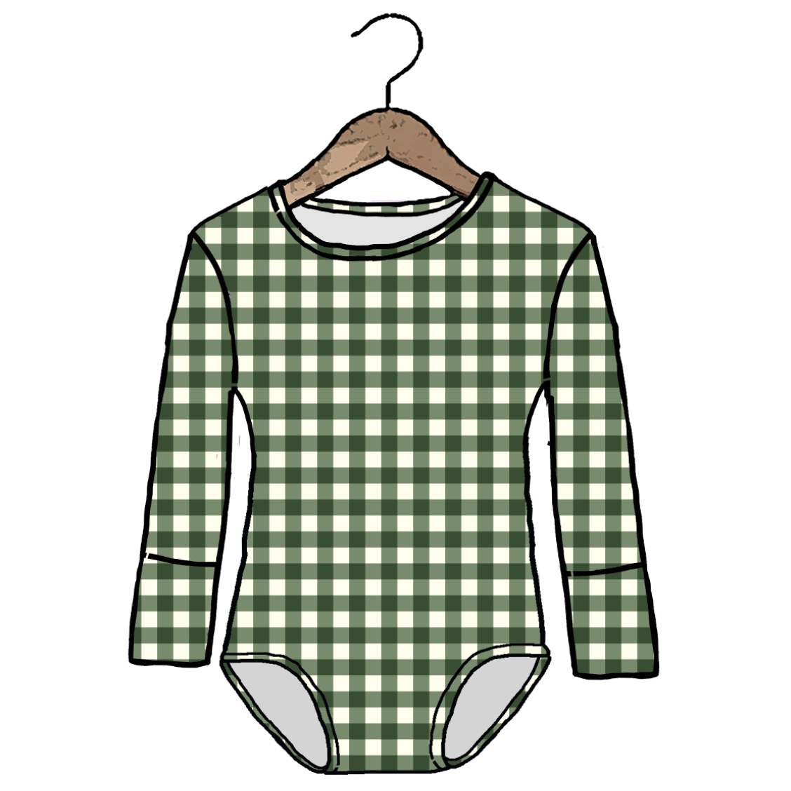 A long-sleeve baby bodysuit with a green and white gingham check pattern, shown hanging on a wooden hanger against a plain white background.