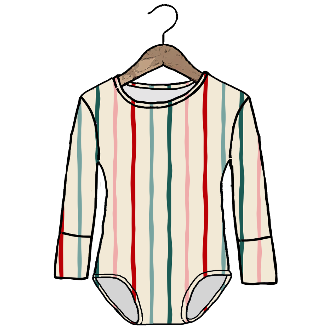A long-sleeve baby bodysuit with vertical stripes in red, green, and blue on a cream background, shown hanging on a wooden hanger against a white background.