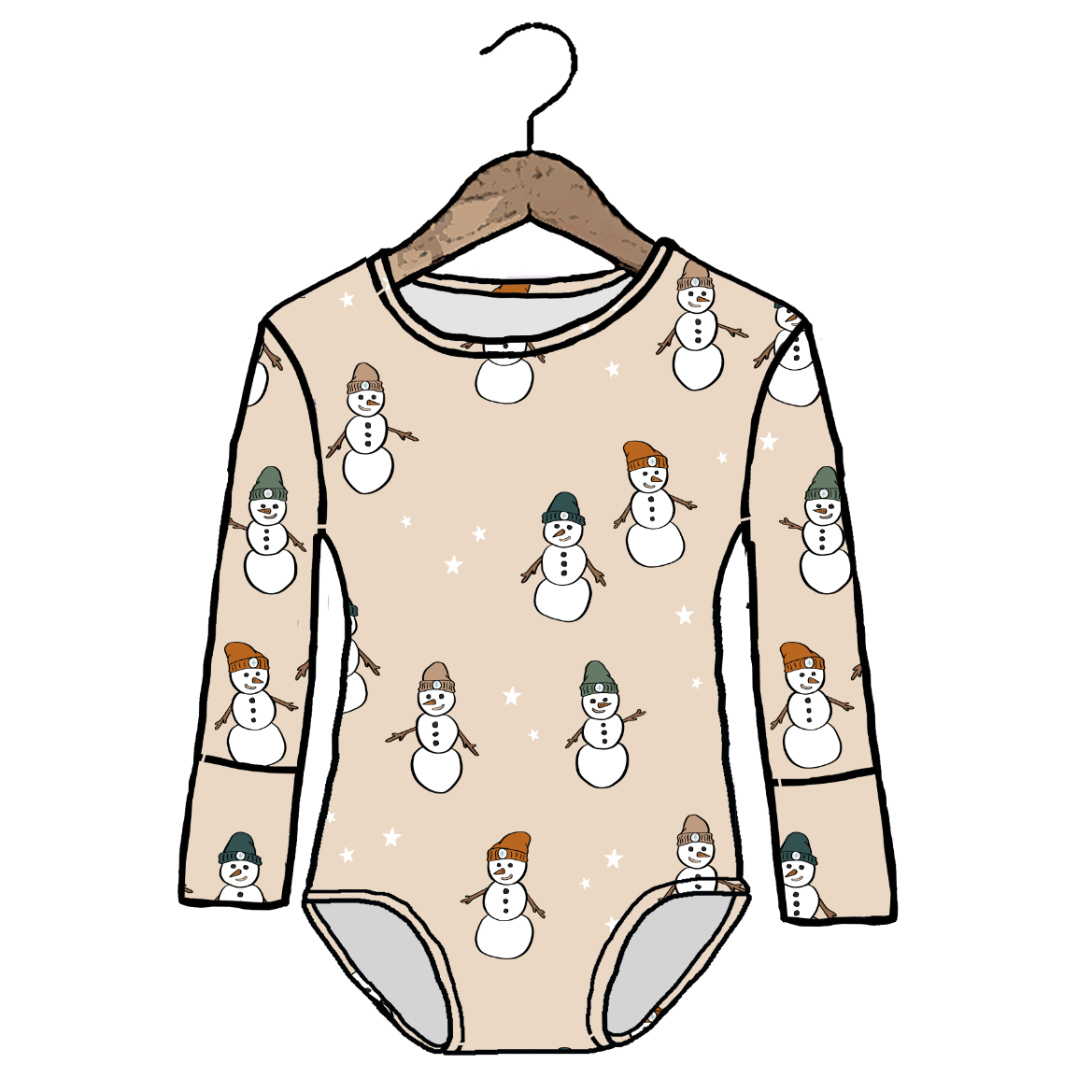 A long-sleeve baby bodysuit with an all-over snowman print, shown hanging on a wooden hanger against a plain white background.