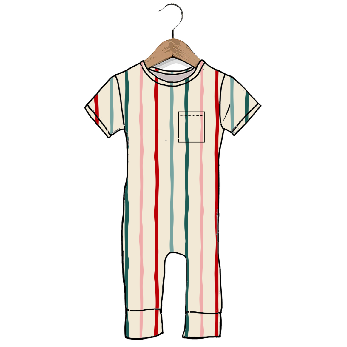 A baby one-piece romper with vertical red, green, and cream stripes, hanging on a wooden hanger against a plain white background.
