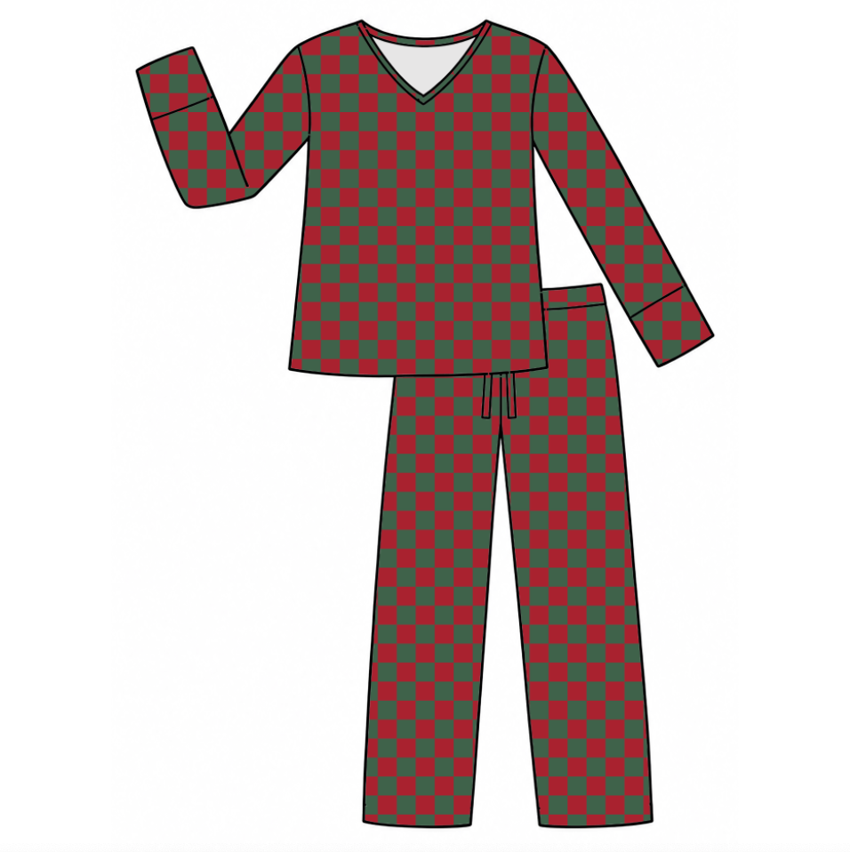Merry Checkmas Women's Long Sleeve Two-Piece Set Luxe Edition | Cotton Bamboo Blend