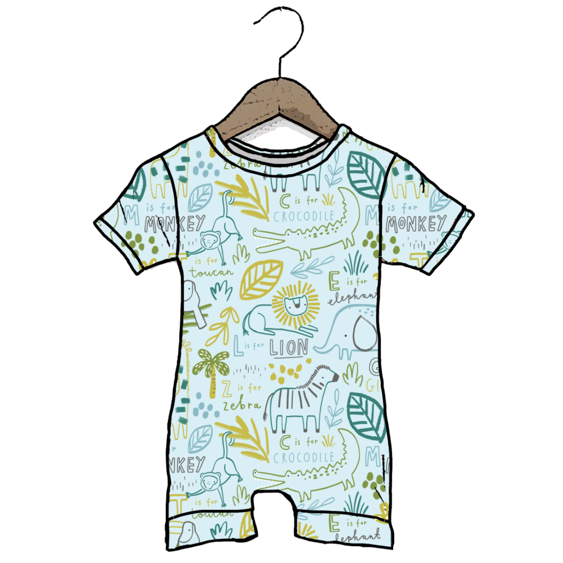 A baby short-sleeve romper with an all-over safari-themed print, hanging on a wooden hanger against a plain white background. The print features illustrations of animals like monkeys, lions, and elephants alongside leaves and words such as 'TIGER', 'LION', and 'ELEPHANT' in muted green, yellow, and gray tones.