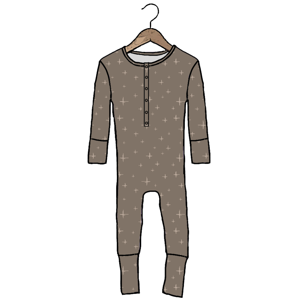 A long-sleeve baby jumpsuit or footless romper in taupe-brown with a small white cross pattern, shown hanging on a wooden hanger against a plain white background.