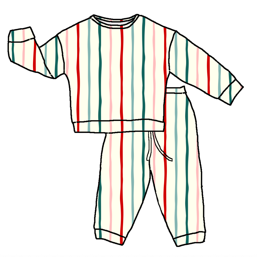 A two-piece pajama set illustrated on a plain white background, featuring a long-sleeve top and matching pants with vertical candy cane-style stripes in red, green, and pink on an off-white base.