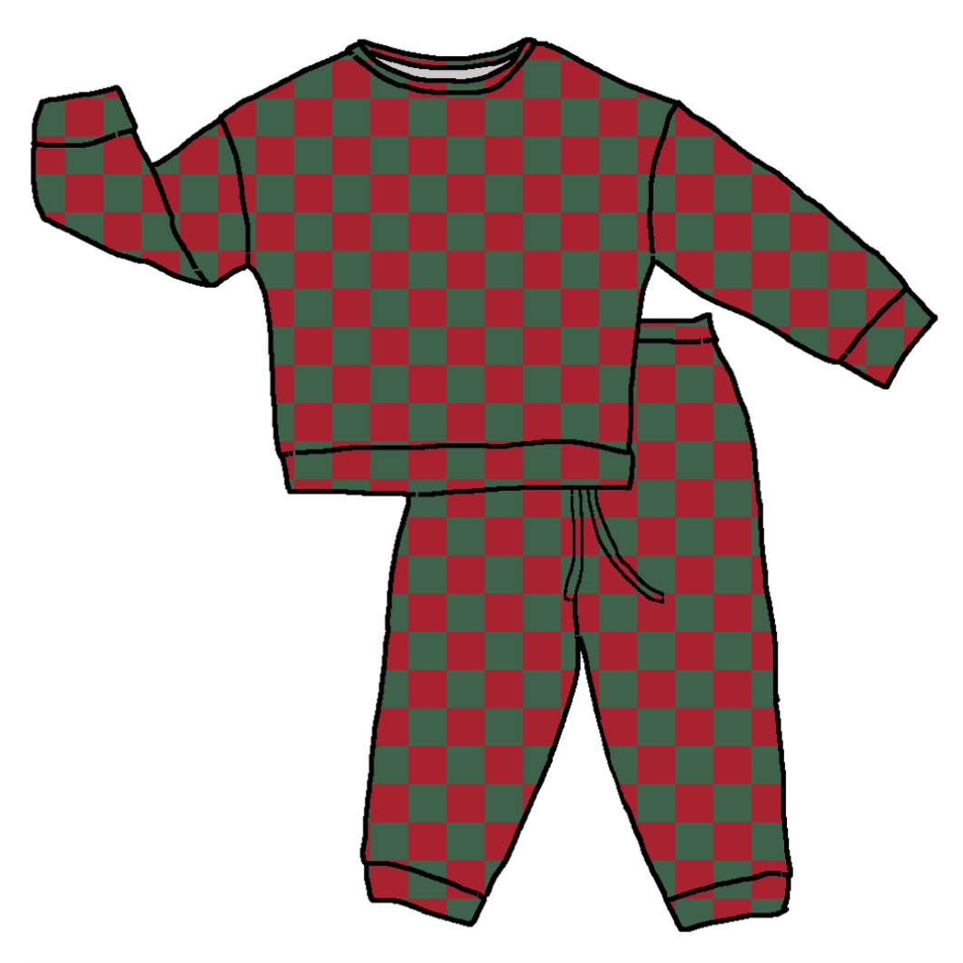 A two-piece pajama set consisting of a long-sleeve top and matching pants, both featuring a red and dark green checkered pattern, shown on a plain white background.
