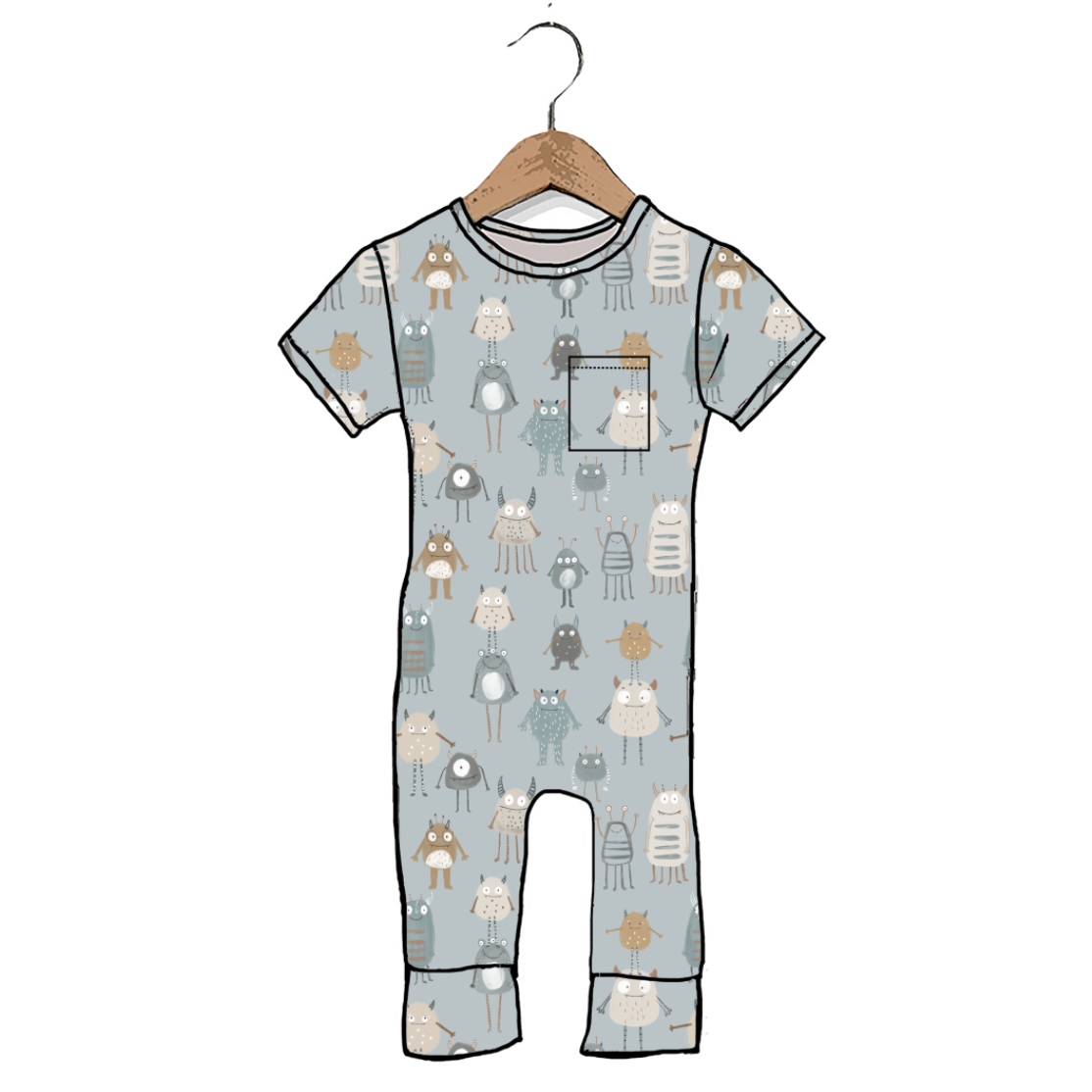 A baby short-sleeve footless one-piece romper with an all-over cartoon cat pattern, hanging on a wooden hanger against a plain white background.