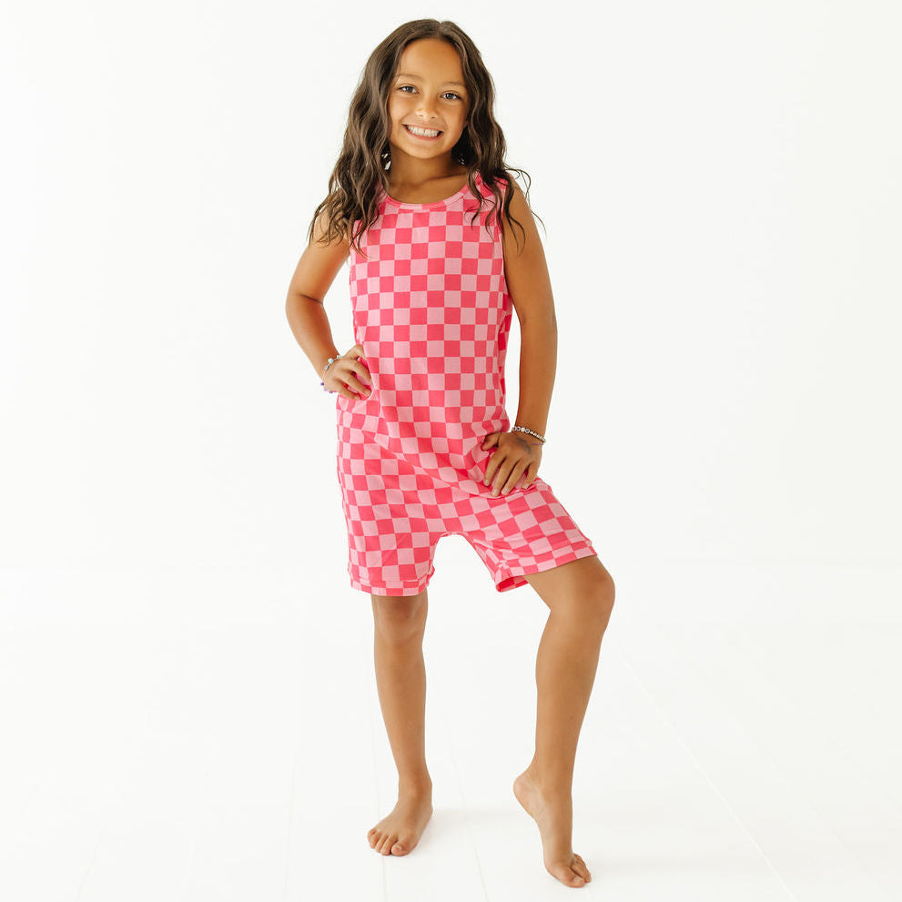 Bubble Gum Check Kid's Sleeveless Shorty Romper Luxe Edition | Cotton Bamboo Blend